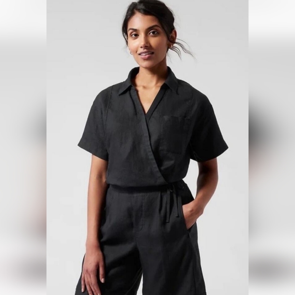 Athleta Playa Tie Top 100%Linen Wrap with Drawstring Bottom